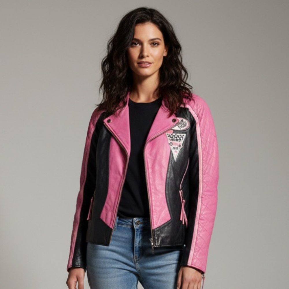 SHEBANG Pink Genuine Leather Moto Jacket